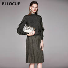 BLLOCUE Runway Knitted 2Piece Set Women 2019 Autumn Winter Ruffles Long Sleeve Pullover Tops+Pleated Bright Silk midi Skirt Suit 2024 - buy cheap