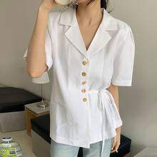 Coreano verão moda elegante temperamento blusa vintage único breasted lado cinto de manga curta camisa escritório senhora topos 2024 - compre barato