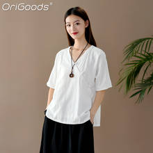 OriGoods-Blusa informal con cuello en V para mujer, camisa blanca lisa de algodón y lino, blusa Vintage de estilo chino, Tops C343 2024 - compra barato