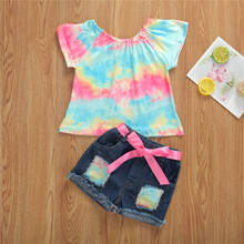 1-6 Years Baby Girl Clothes Sets Colorful Rainbow Print Ruffles Sleeve T Shirts Tops+Denim Blue Shorts Children Girls Summer Set 2024 - buy cheap
