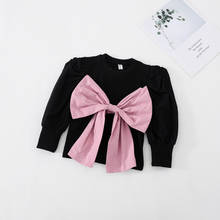 Spring Autumn Girls T Shirt Baby Tee Kids Tops Children Fashion Clothes Pleated Puff Sleeve Big Bow Patch Solid 2 To 9 Yrs 2024 - buy cheap
