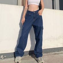 Calça cargo feminina lisa cintura alta com bolsos, peça calça feminina larga folgada com zíper 2024 - compre barato