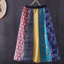 2021 summer vintage cotton linen print skirt women elastic waist stitching contrast a-line long skirt 2024 - buy cheap