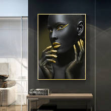 Pintura al óleo sobre lienzo de África, mujer negra, labios dorados, Ojos de dedo, Nude, póster e impresiones, Cuadros, arte de pared, imagen para sala de estar 2024 - compra barato