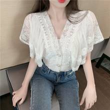 Blouse Top Chiffon Shirt Sexy Hollow Lace Short Sleeve V-Neck Women Tops Summer Style 2024 - buy cheap