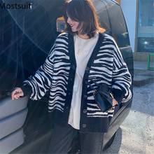 2020 Autumn Winter Mohair Striped Korean Knitted Cardigans Sweaters Women Long Sleeve V-neck Single-breasted Loose Fashion Tops 2024 - buy cheap