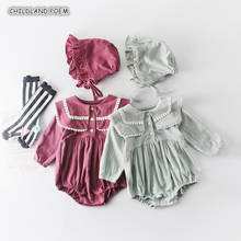 Macacão infantil para meninas, roupas de outono para bebês recém-nascidos, macacão plissado com chapéu 100% algodão 2024 - compre barato