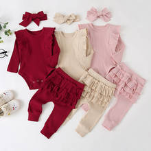 Conjunto de roupas infantis com 3 peças para meninas, roupas de manga longa para bebês recém-nascidos de 0-2 anos, macacão + calça + tiara 2024 - compre barato