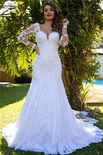 Long Sleeve Wedding Dresses Mermaid Bride Dress Lace Beaded Crystal Backless Plus Size Bridal Gowns Vestidos De Noiva 2024 - buy cheap
