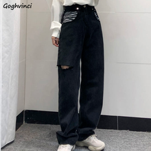 Jeans feminino de cintura alta, pernas largas, rasgado, com bolsos zebra, coreano, macio, design harajuku, feminino, faculdade, baggy 2024 - compre barato