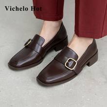 Vichelo caliente 2021 nueva llegada de la primavera de cuero de vaca cuadrado del dedo del pie de tacón de estilo preppy mujer guapa ocio slip en las mujeres bombas L3f3 2024 - compra barato