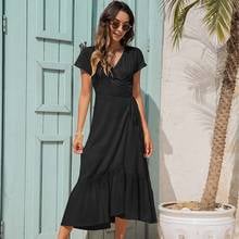 Vestido largo de verano de manga corta para mujer, prenda Sexy de Color liso con abertura, cintura alta, cuello en V, holgado, para fiesta y vacaciones 2024 - compra barato