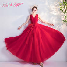 AXJFU/длинное вечернее платье принцессы с красным цветочным кружевом и v-образным вырезом, роскошное пляжное вечернее платье без рукавов с большим бантом и v-образным вырезом, вечерние платья 8276 2024 - купить недорого