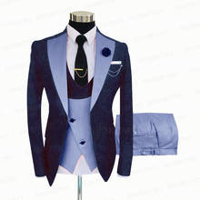 Fashion Jacquard Navy blue Business Men Suit Set Tailored Slim Fit Male Notch Lapel Blazer Double Breasted Purple Vest Pants Set 2024 - buy cheap