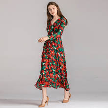 Autumn 2021 New Fashion Runway Dresses Women Elegant Floral Printed V-neck Casual Wearing Mid-Calf Dress With Sashes 2024 - buy cheap