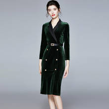 JSXDHK Autumn Double-breasted Velvet Dress High Quality Elegant Women Notched Long Sleeve Green Bodycon Split Dress With Belt 2024 - buy cheap