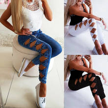 Women Pants Ripped Jeans Skinny Denim Pencil Pants High Waist Stretch Trouser Long Hole Solid High Waist Bow Autumn Spring 2019 2024 - buy cheap