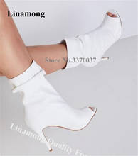 Linamong-Botas cortas de tacón de aguja para mujer, botines con punta abierta de cuero blanco, sin cordones, de Color sólido, zapatos de vestir de colores personalizados 2024 - compra barato