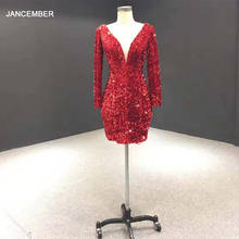 J67003 jancember short cocktaildresses part v neck long shiny sequined red elegangt dress платье вечернее короткое блестящее 2024 - buy cheap