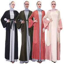 Дубай абайя женское мусульманское Плиссированное Макси платье кимоно турецкий кафтан Рамадан мусульманская одежда арабский халат вечернее платье открытый джилбаб ОАЭ 2024 - купить недорого
