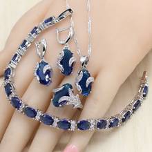 Овальный Королевский синий полудрагоценный женский серебряный комплект ювелирных изделий с браслетом ожерелье кулон серьги кольцо подарок на день рождения 2024 - купить недорого