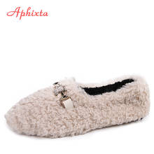 Aphixta New Winter Loafers Women Flats Heel Shoes Crystal Metal Buckle Warm Fur Female Ladies Slip On Shoes Plus Size 35-44 2024 - buy cheap
