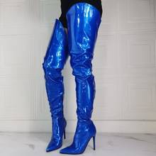 Women Blue Thigh High Boots Latex Side Zip Stiletto Heeled Boots Sexy Shoes Woman Over Knee Botines Botas Large Size 39 42 47 2024 - buy cheap