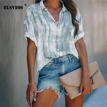 Casual Women Button Cardigan Lapel Short Sleeve Vertical Striped Printed Shirt Summer Elegant Ladies Mid-Length Chiffon Blouses 2024 - buy cheap