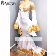 Elegante branco vestidos de baile 2021 fora do ombro ouro apliques mangas compridas frisado sereia cetim robe de soiree longo vestido de baile 2024 - compre barato