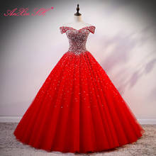 AnXin SH-vestido de noche con cuentas de encaje rojo para novia, vestido de fiesta con cuello de barco, brillante, Estilo vintage, Princesa, vino tinto 2024 - compra barato