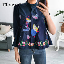 Floral Embroidery Shirts Women 2020 Summer New Arrival Elegant Stand Collar Casual Tops Ladies 3/4 Sleeve Blouses White Blue 2024 - buy cheap
