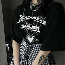 Camiseta feminina estampa escura, camiseta harajuku moda coreana gótica, gola redonda, hip hop, roupas vintage 2024 - compre barato