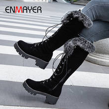 Enmeyer-Botas de piel de terciopelo con tacón cuadrado, Zapatos altos hasta el muslo, con punta redonda, tacones calados sólidos, para invierno 2024 - compra barato