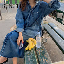 Sungtin Loose Vintage Denim Dress Women with Belt Chic Single Breasted Full Sleeve Women Pockets Jeans Dress Female 2022 Korean 2024 - buy cheap