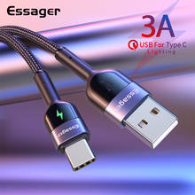 USB Type C кабель Essager для Samsung S20 S9, светодиодный кабель для быстрой зарядки и передачи данных для Xiaomi Redmi, кабель для зарядки, кабель Type-C 2024 - купить недорого