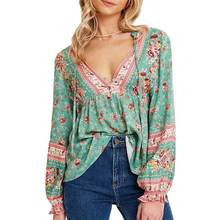 Turquoise plus size blouse women V-neck vintage shirts long sleeve floral women sexy tops belt tied cotton blouse autumn 2024 - buy cheap