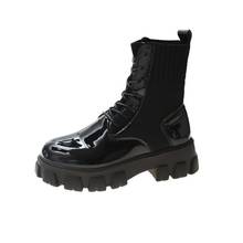 Botas de estilo calcetín para mujer, botines de charol a la moda, zapatos planos con plataforma y tejido de motocicleta, color negro, 2020 2024 - compra barato