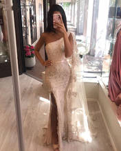 Vestido de sereia sexy 2021, vestido de noite, com contas champanhe, fenda lateral, um ombro, dubai, árabe, longo, formal, vestidos noturnos 2024 - compre barato