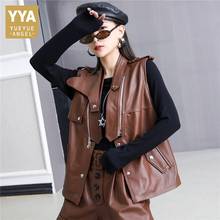 Womens Genuine Leather Vest Irregular Retro Short Biker Sleeveless Jacket Designer V-Neck Khaki Office Lady Sheepskin Waistcoat 2024 - buy cheap