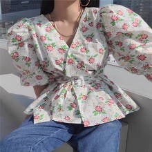 Korean Version of V-neck Print Stitching Loose Puff Sleeve Striped Shirt Top 2021 2024 - buy cheap