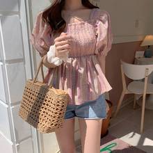 Women Elegant Plaid Blouses Summer Short Sleeve French Style Ruffled Ladies Shirt Tops 2020 2024 - buy cheap