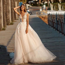 Прозрачные Свадебные платья трапециевидной формы с кружевной аппликацией на молнии сзади и рукавами-крылышками из тюля 2020 Vestido De Noiva 2024 - купить недорого