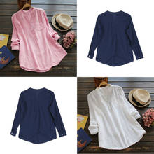 Women Casual Loose Cotton Linen Button V neck Long Sleeve Long Blouse Tunic Tops 2020 2024 - buy cheap