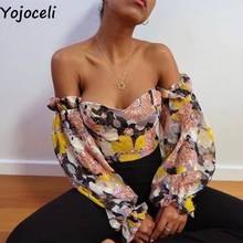 Yojoceli Sexy off shoulder print short blouse women Autumn casual cool floral female crop top Party beach chiffon blouse blusas 2024 - buy cheap