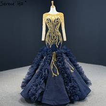 Navy Blue Mermaid High-end Sexy Evening Dresses 2021 Long Sleeve Beading Lace Up Sexy Formal Dress Serene Hill HM67132 2024 - buy cheap