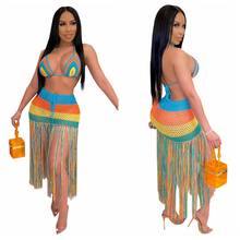 2020 New crochet 2PCS/SET beach cover up sexy women colorful bra tops+ long fringe skirts bikini swimwear cover up beach dress 2024 - buy cheap