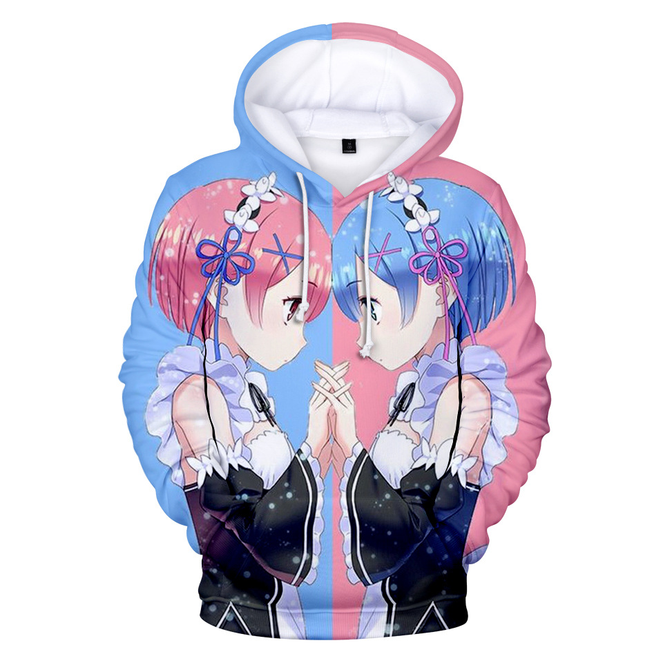 3D Digital Impreso Sudadera con Capucha Anime Re:Life in a Different World from Zero Hoodie Mangas Largas Ram Rem Pullover para Vacaciones Partido Cosplay Parejas,A,XXXL