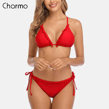 Charmo Women Bikini Set Tassel Ball Swimsuit Halter Swimwear Solid Color Bathing Suit Sexy Push Up Beachwear 2024 - buy cheap