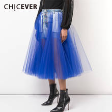 CHICEVER Solid Ball Gown Skirt For Women High Waist Ruched Mesh Long Skirts Female Fashion New Clothing 2021 Stylish Spring   2024 - buy cheap