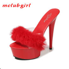 Mclubgirl-Sandalias de tacón alto con plataforma impermeable para mujer, zapatos femeninos de tacón alto con pelo de conejo, color negro, Sexy, 2020 2024 - compra barato